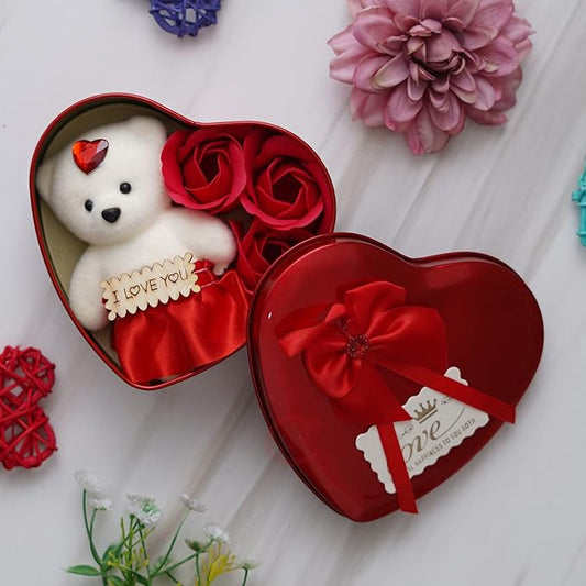 Heart Shaped Valentines Day Gift Box with I Love You Message Teddy Bear 3 Red Roses